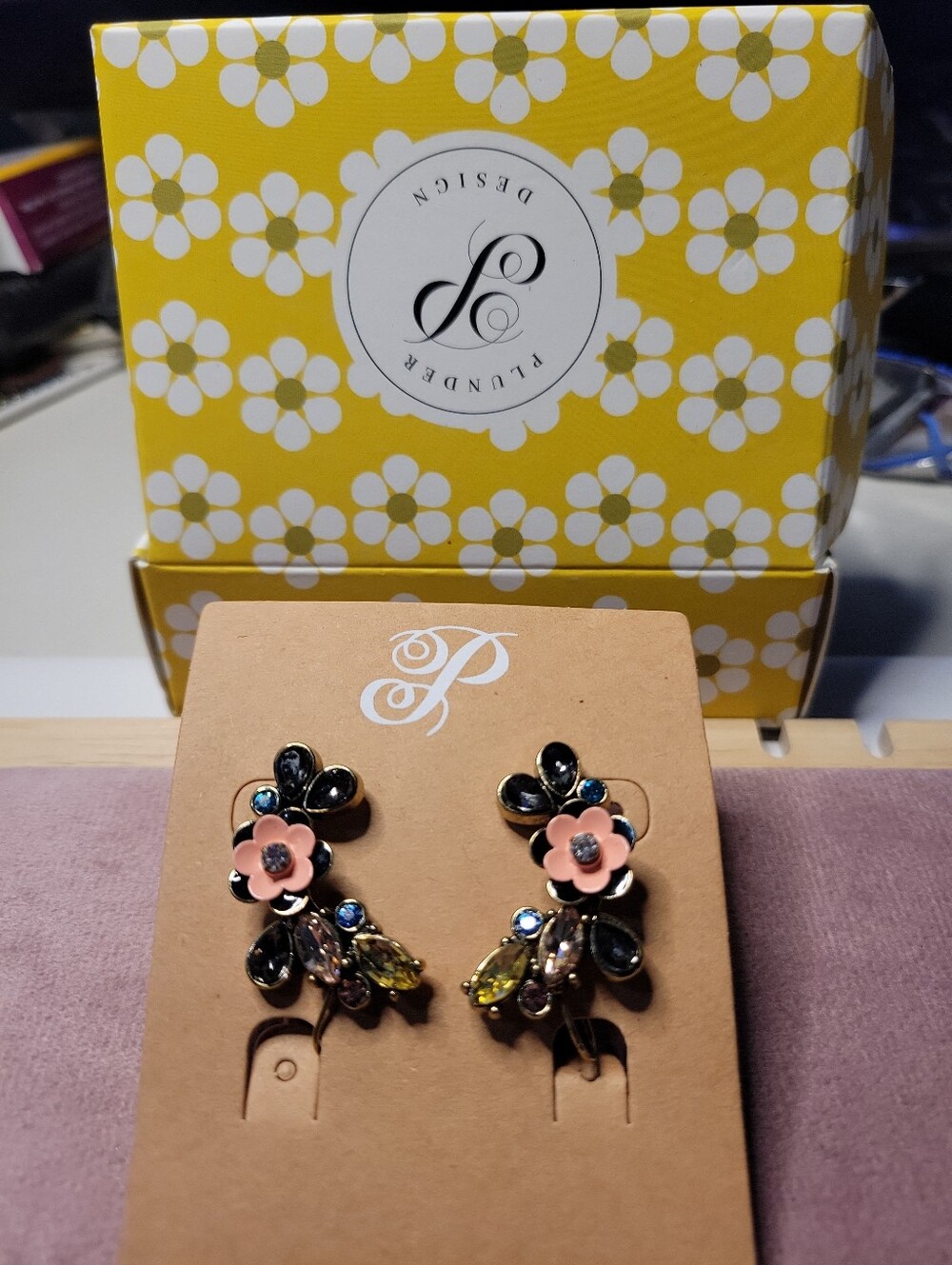 Nib Plunder Abbie  Crystal Floral Climber Earrings Gold Tone Enamel Retired.
